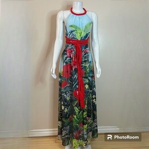 Floral print braided halter neck open back built in panty  side slit maxi dress